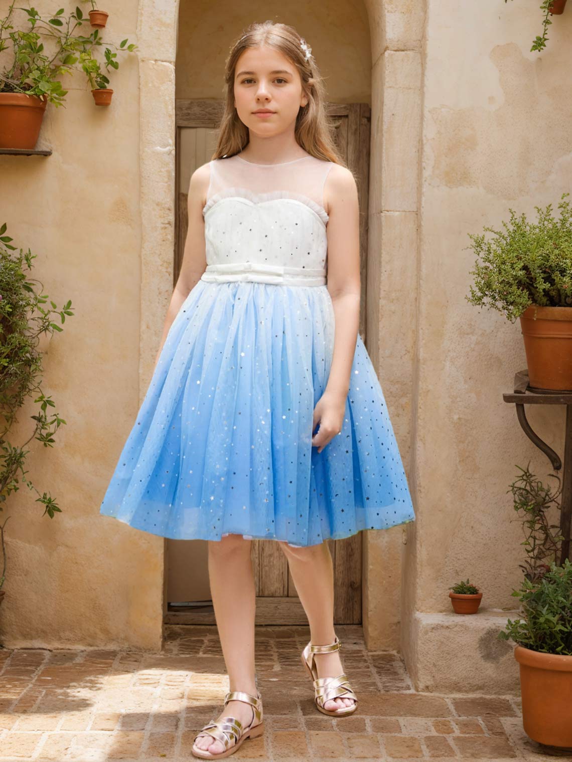 Blue Princess Tulle Ball-Gown Dress for Flower Girls Knee-length