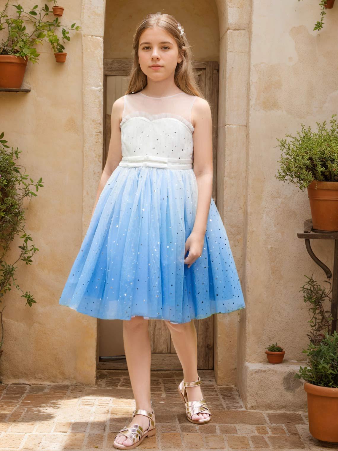 Blue Princess Tulle Ball-Gown Dress for Flower Girls Knee-length