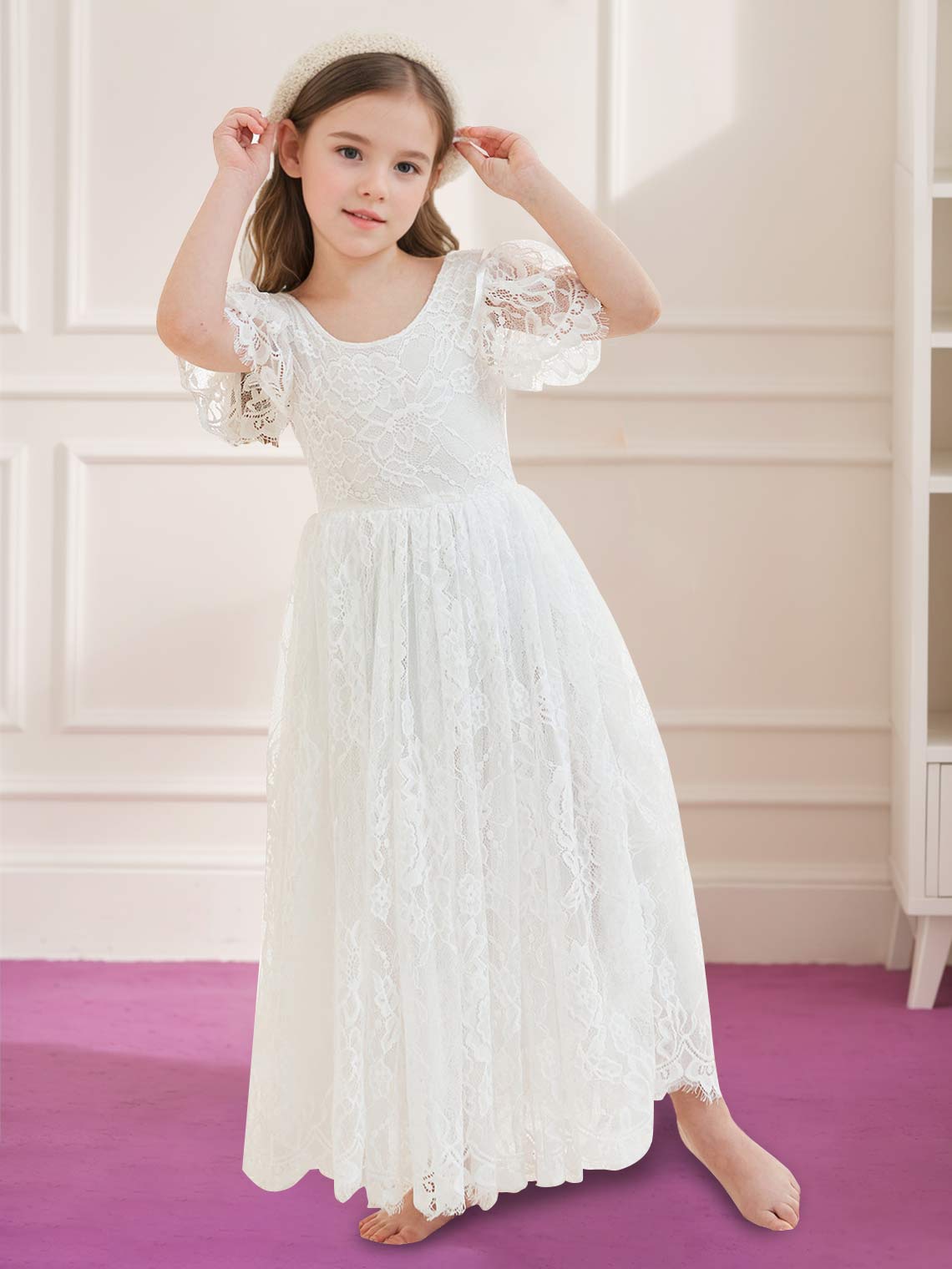 Ivory Boho Flower Girl Dress with A-line Lace Ankle-length Design