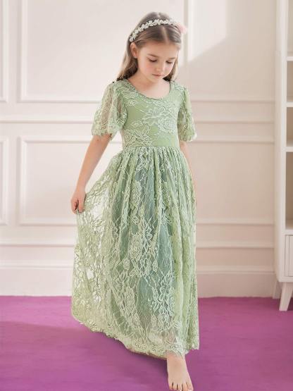 Ivory Boho Flower Girl Dress with A-line Lace Ankle-length Design