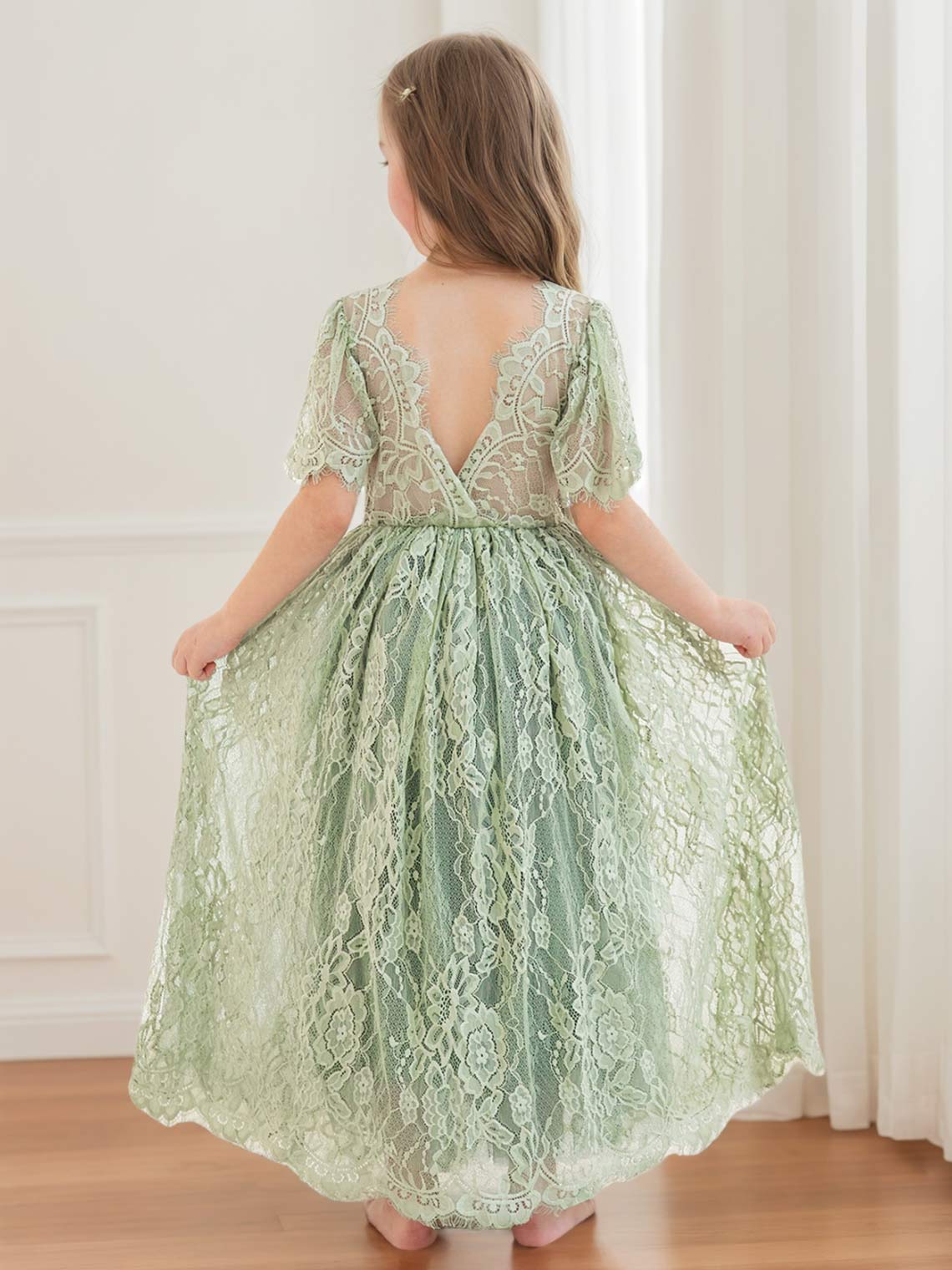 Ivory Boho Flower Girl Dress with A-line Lace Ankle-length Design