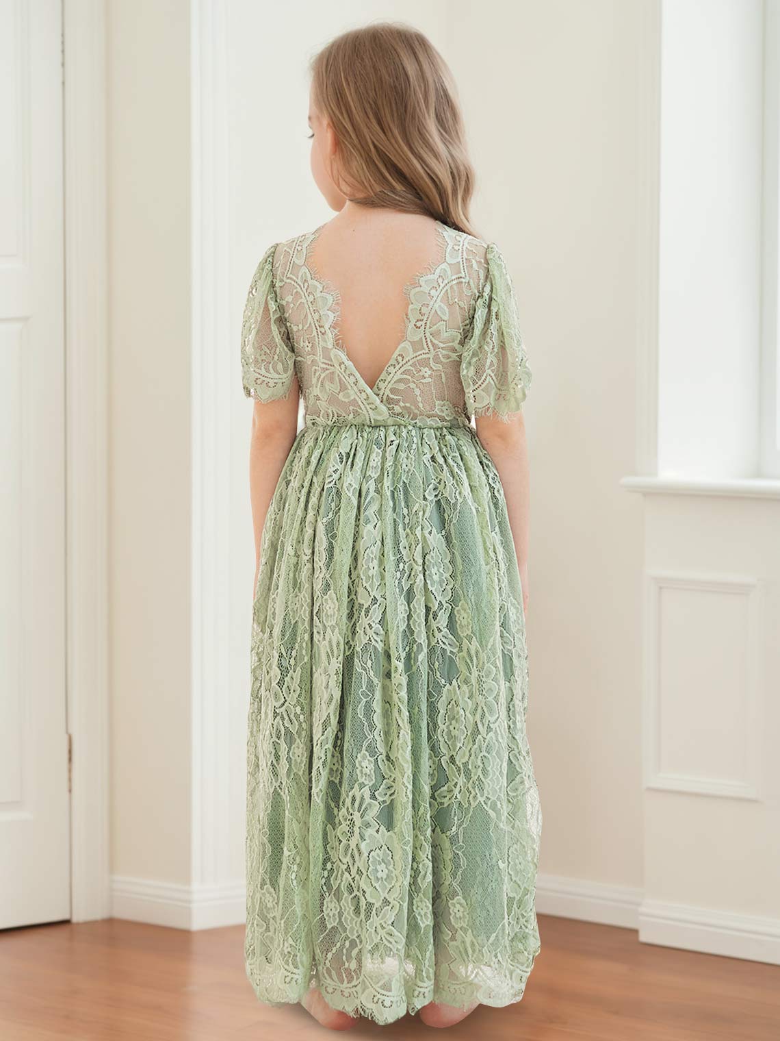 Ivory Boho Flower Girl Dress with A-line Lace Ankle-length Design