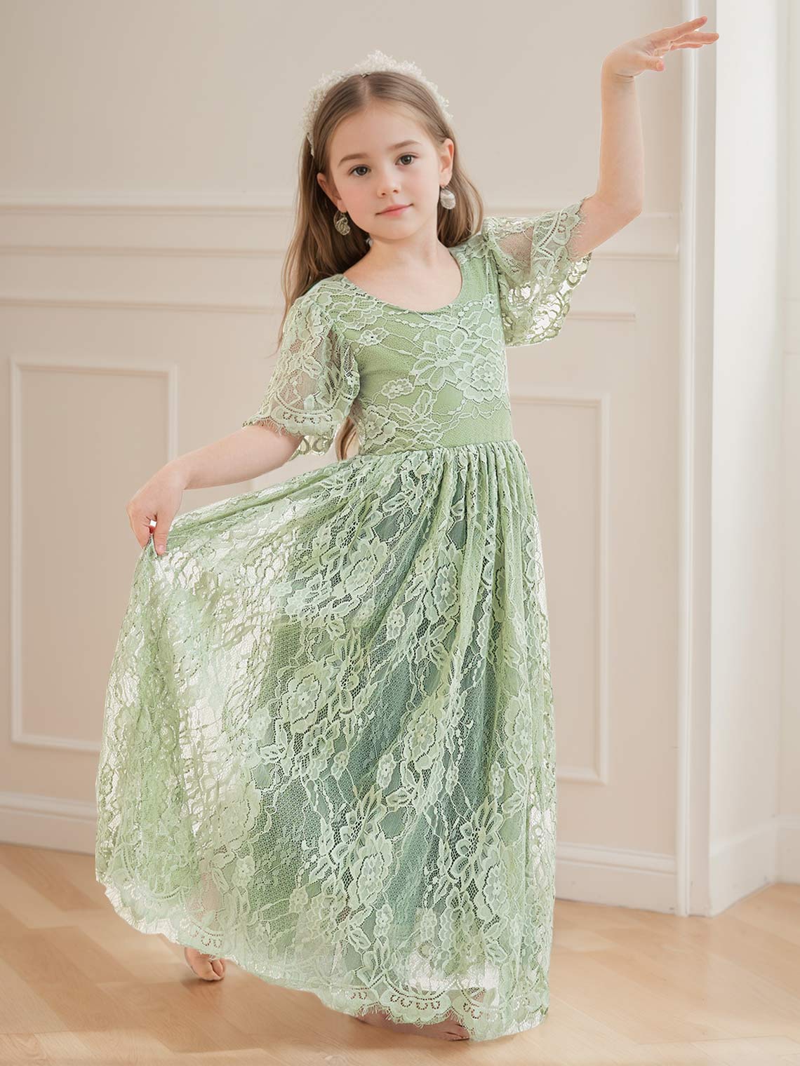 Ivory Boho Flower Girl Dress with A-line Lace Ankle-length Design