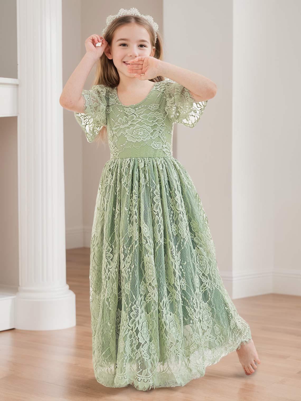 Ivory Boho Flower Girl Dress with A-line Lace Ankle-length Design