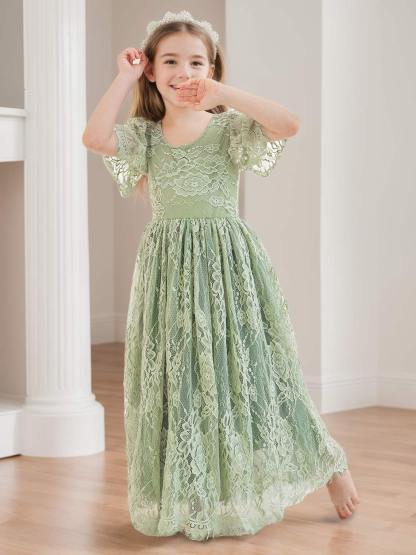 Ivory Boho Flower Girl Dress with A-line Lace Ankle-length Design