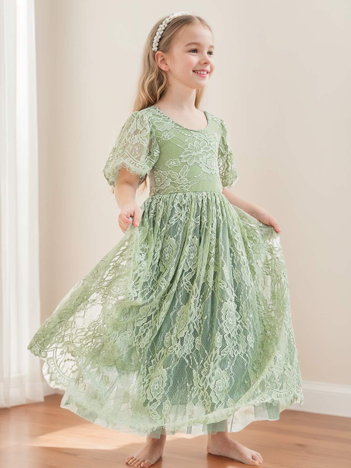 Ivory Boho Flower Girl Dress with A-line Lace Ankle-length Design