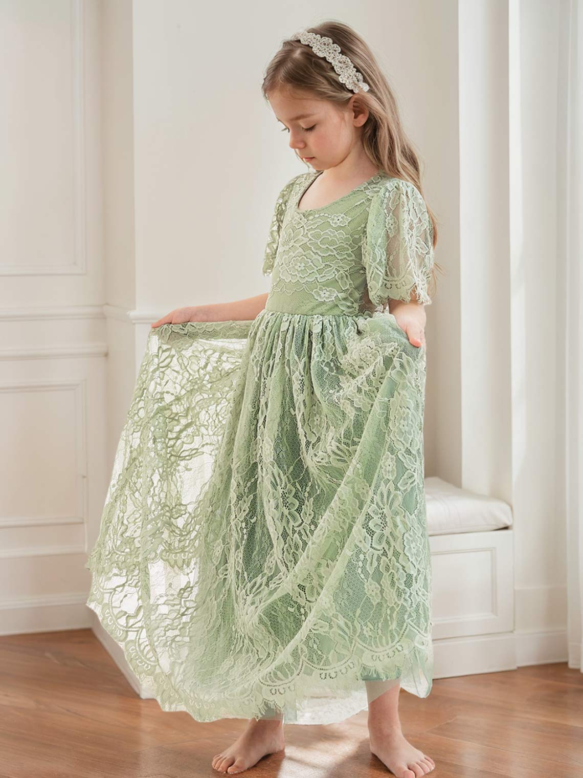 Ivory Boho Flower Girl Dress with A-line Lace Ankle-length Design