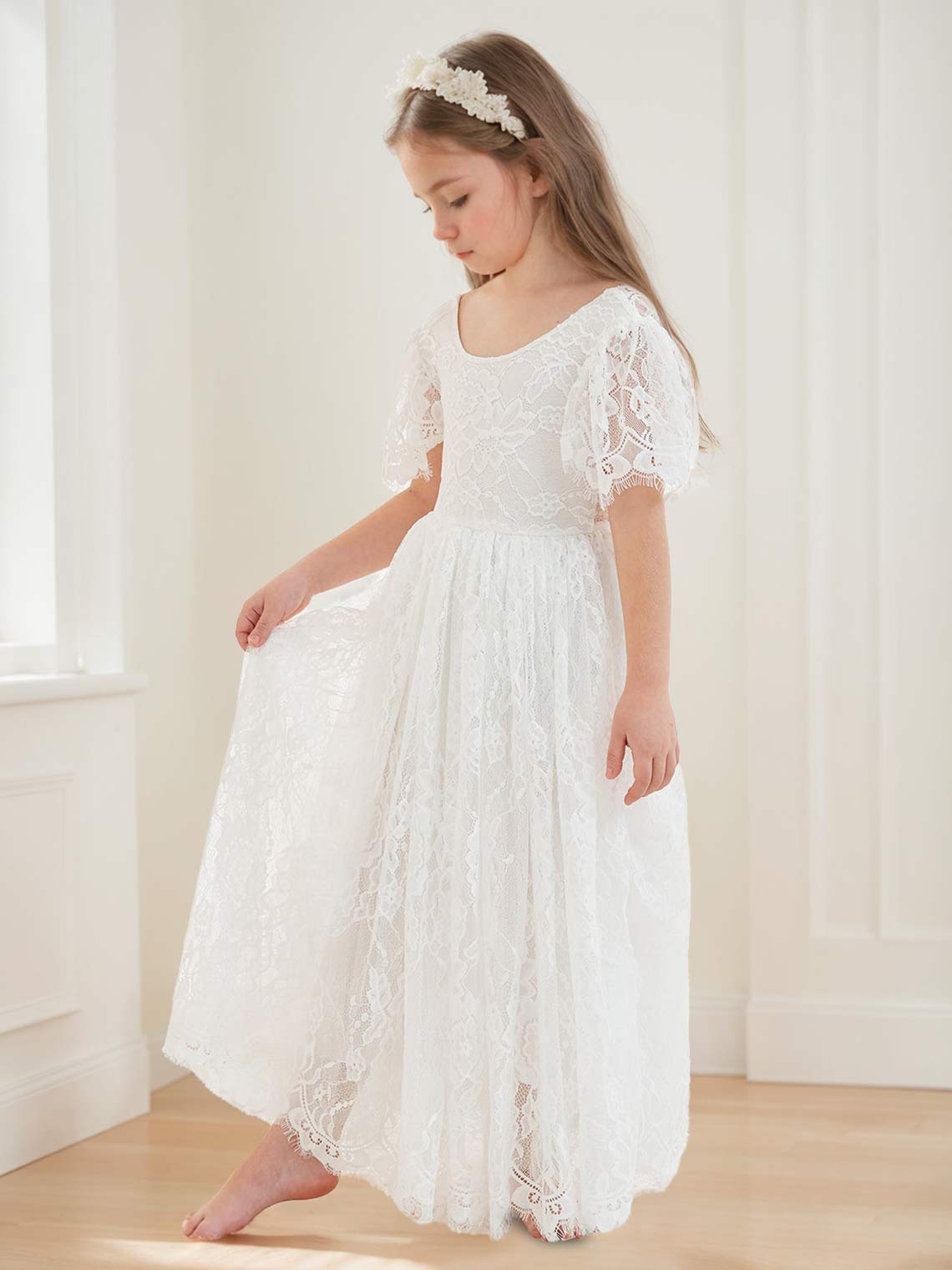 Ivory Boho Flower Girl Dress with A-line Lace Ankle-length Design