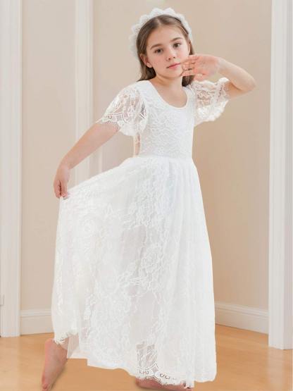 Ivory Boho Flower Girl Dress with A-line Lace Ankle-length Design