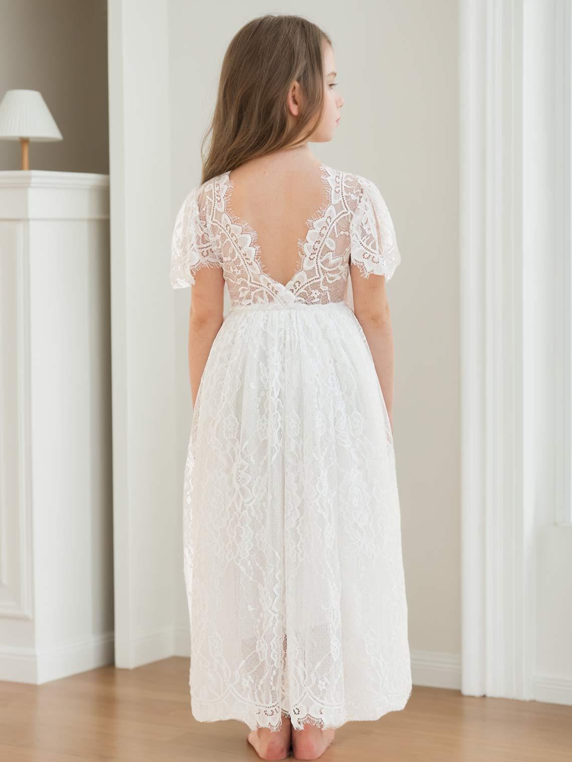 Ivory Boho Flower Girl Dress with A-line Lace Ankle-length Design