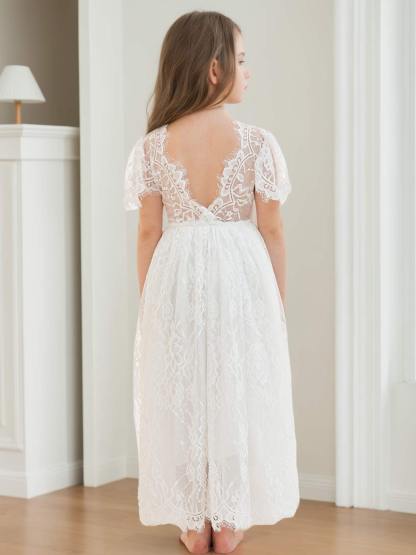 Ivory Boho Flower Girl Dress with A-line Lace Ankle-length Design