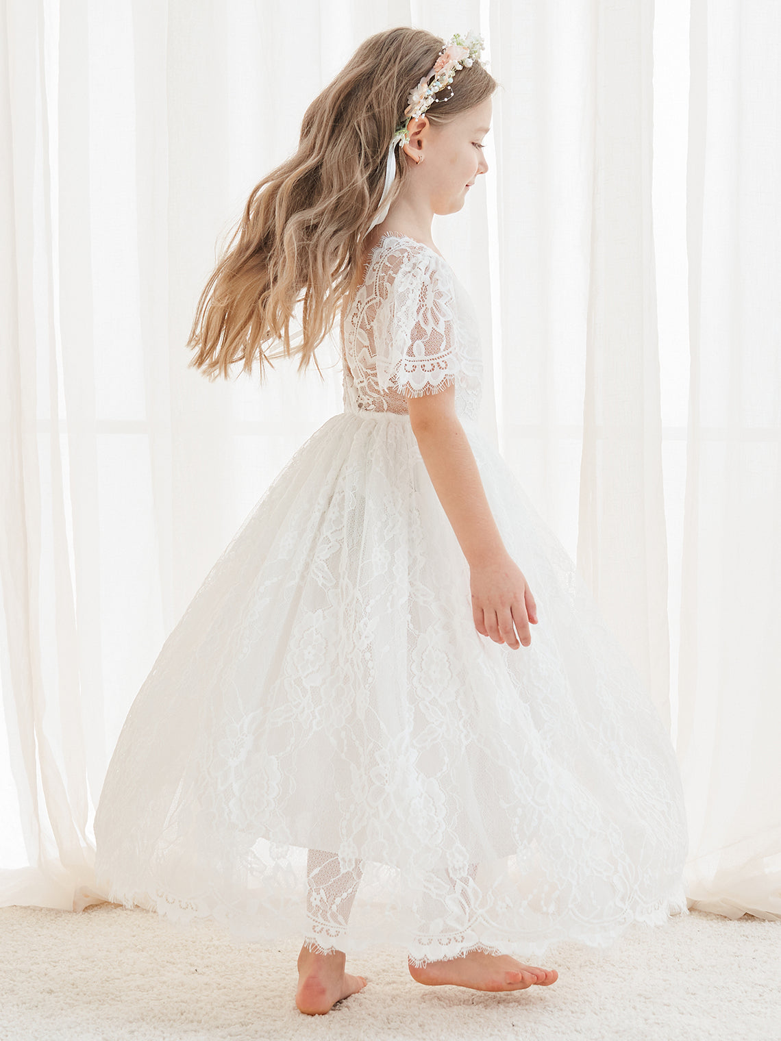 Ivory Boho Flower Girl Dress with A-line Lace Ankle-length Design