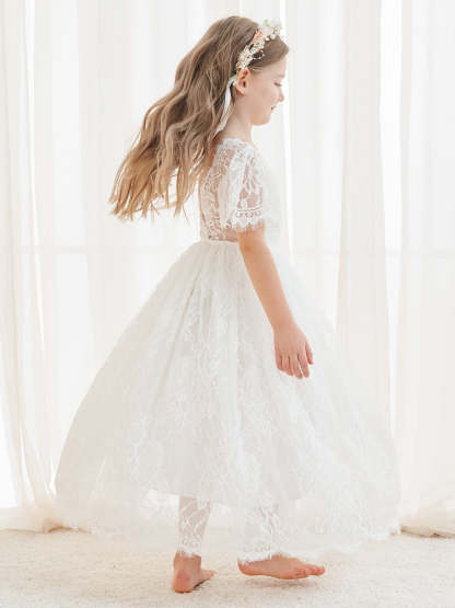 Ivory Boho Flower Girl Dress with A-line Lace Ankle-length Design