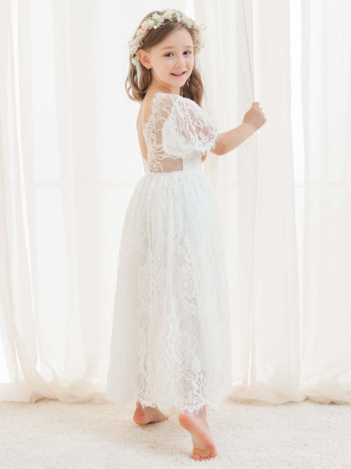 Ivory Boho Flower Girl Dress with A-line Lace Ankle-length Design