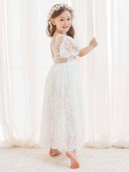 Ivory Boho Flower Girl Dress with A-line Lace Ankle-length Design