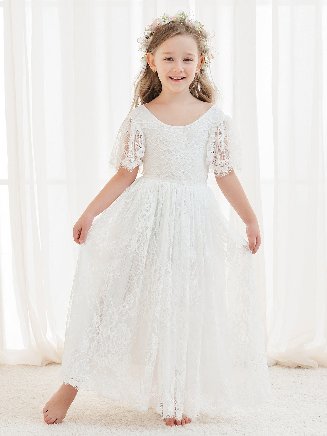 Ivory Boho Flower Girl Dress with A-line Lace Ankle-length Design