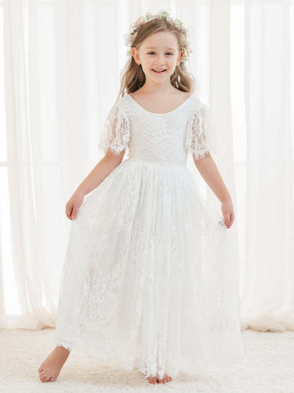 Ivory Boho Flower Girl Dress with A-line Lace Ankle-length Design