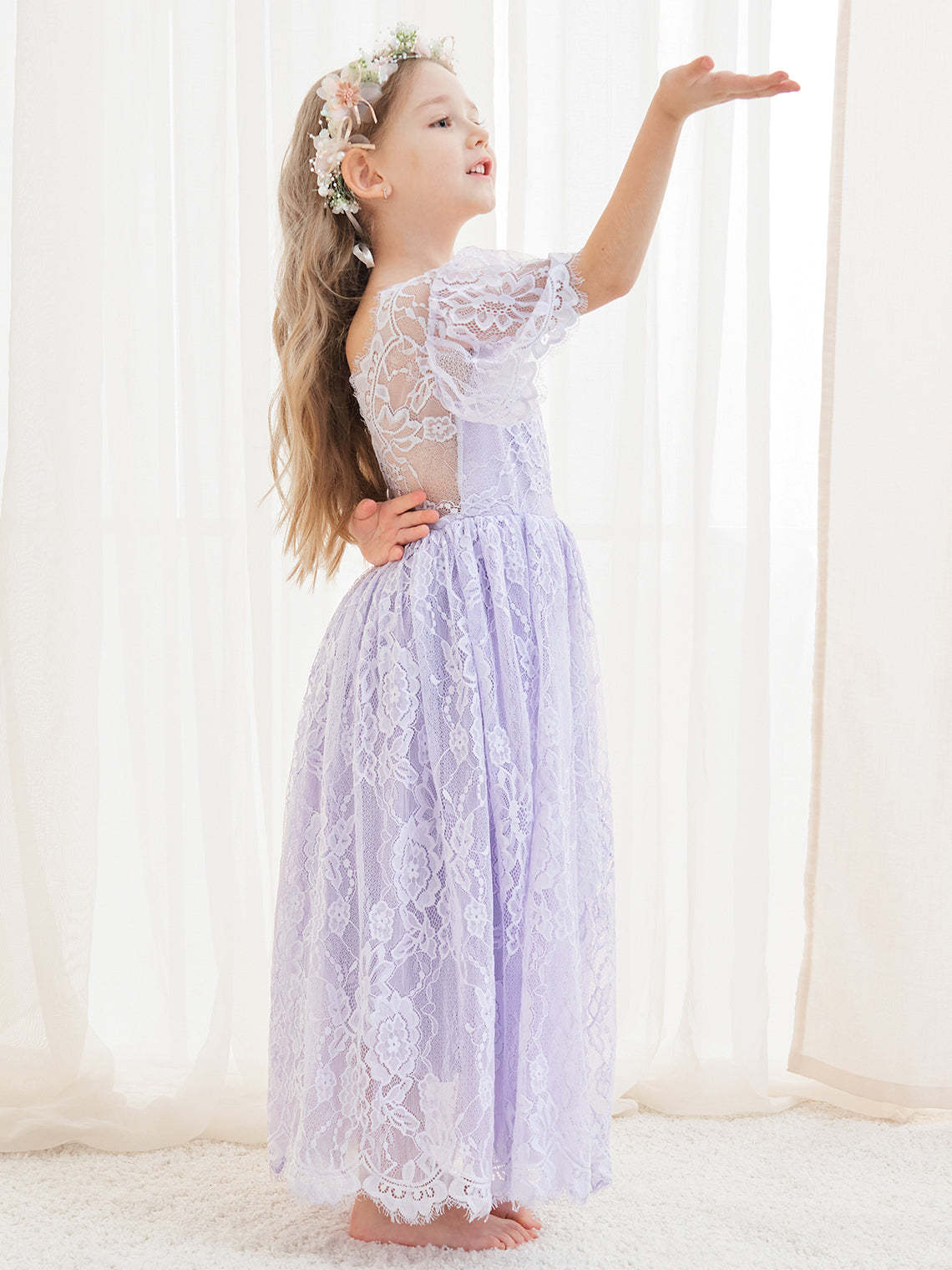 Ivory Boho Flower Girl Dress with A-line Lace Ankle-length Design