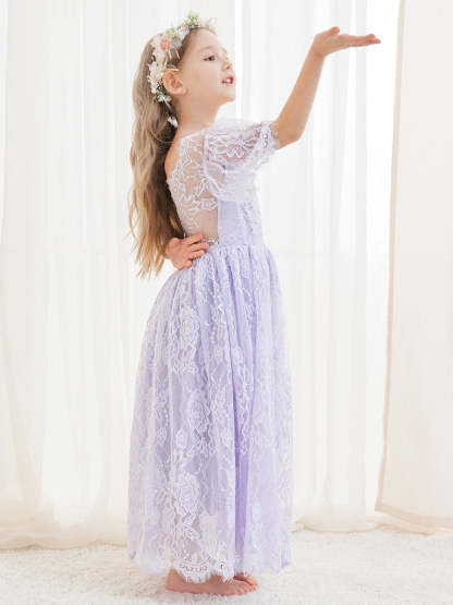 Ivory Boho Flower Girl Dress with A-line Lace Ankle-length Design