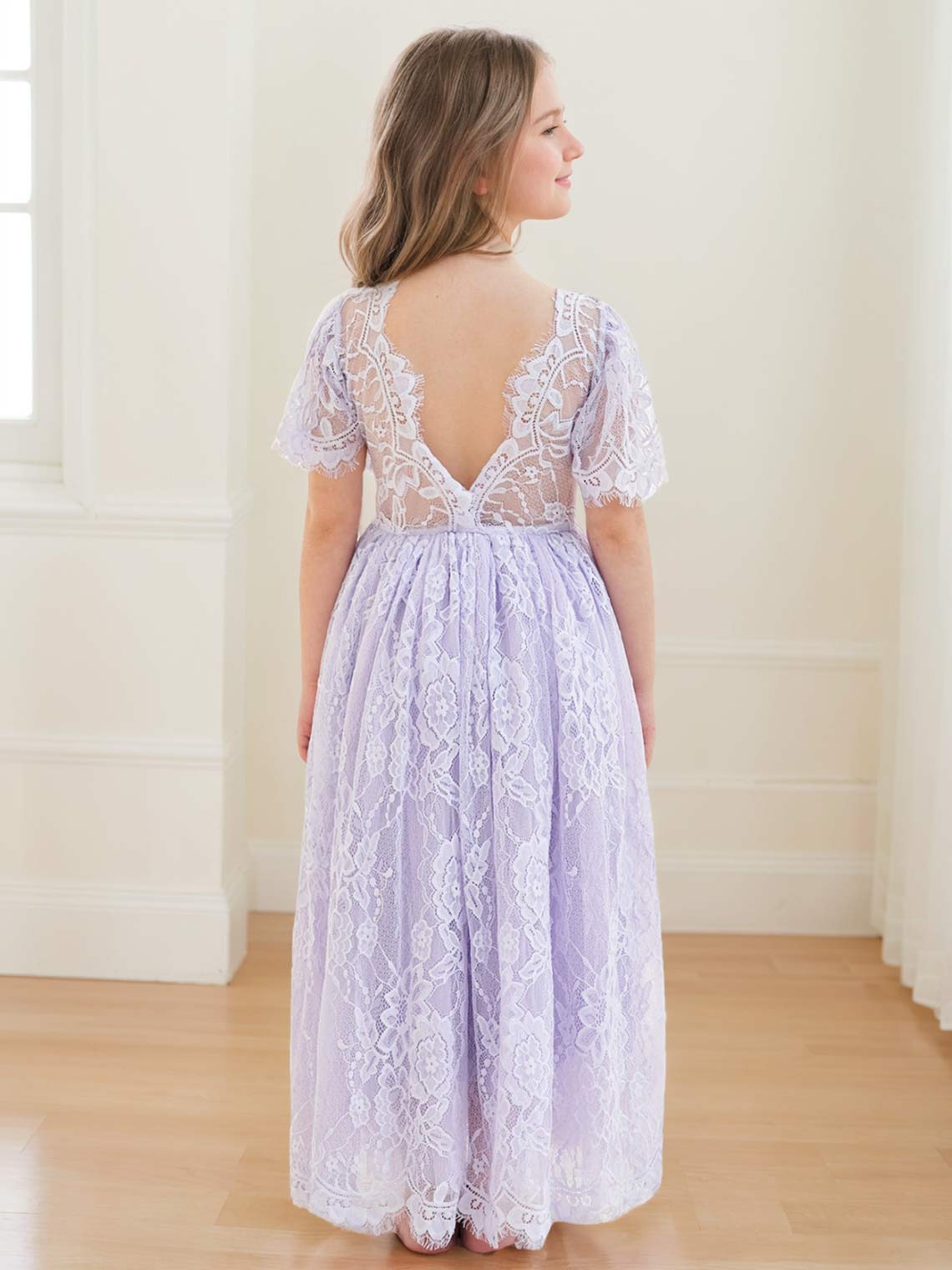 Ivory Boho Flower Girl Dress with A-line Lace Ankle-length Design