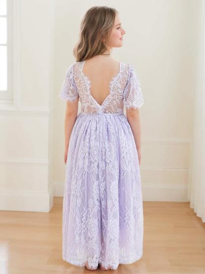 Ivory Boho Flower Girl Dress with A-line Lace Ankle-length Design