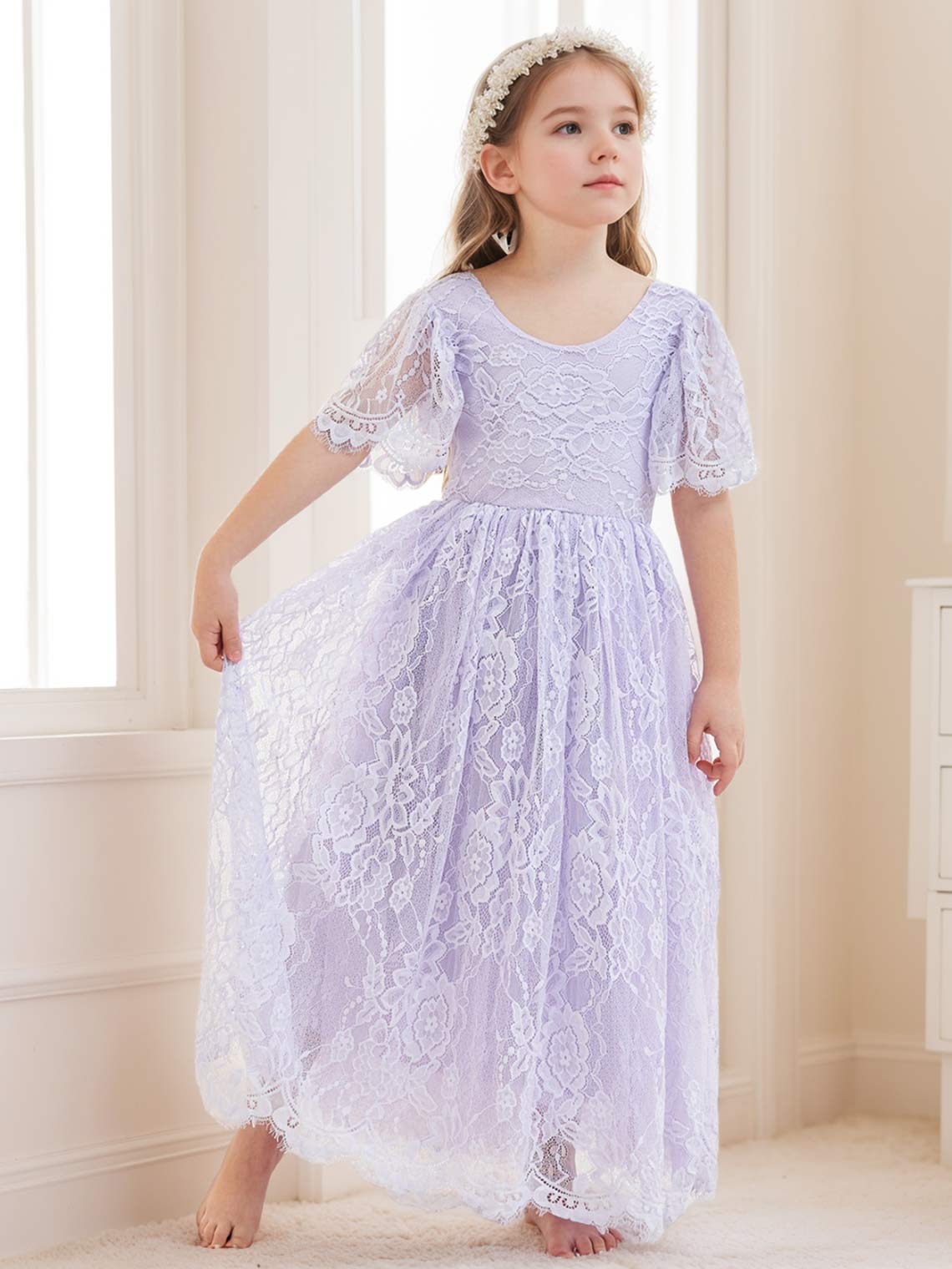 Ivory Boho Flower Girl Dress with A-line Lace Ankle-length Design