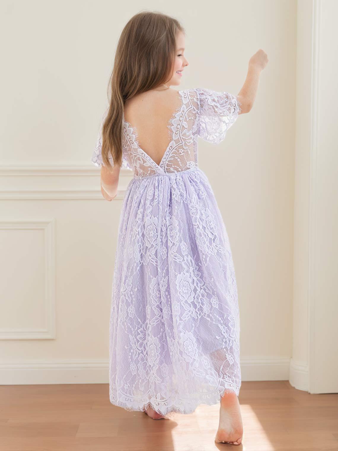 Ivory Boho Flower Girl Dress with A-line Lace Ankle-length Design