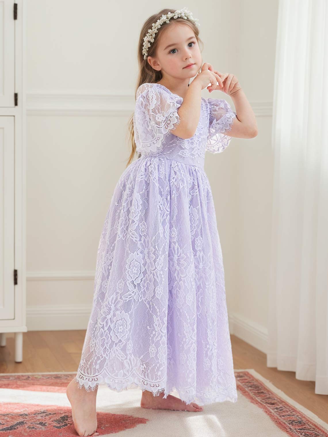 Ivory Boho Flower Girl Dress with A-line Lace Ankle-length Design