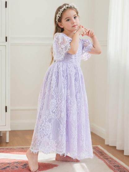 Ivory Boho Flower Girl Dress with A-line Lace Ankle-length Design
