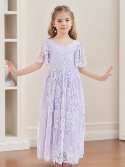 Ivory Boho Flower Girl Dress with A-line Lace Ankle-length Design