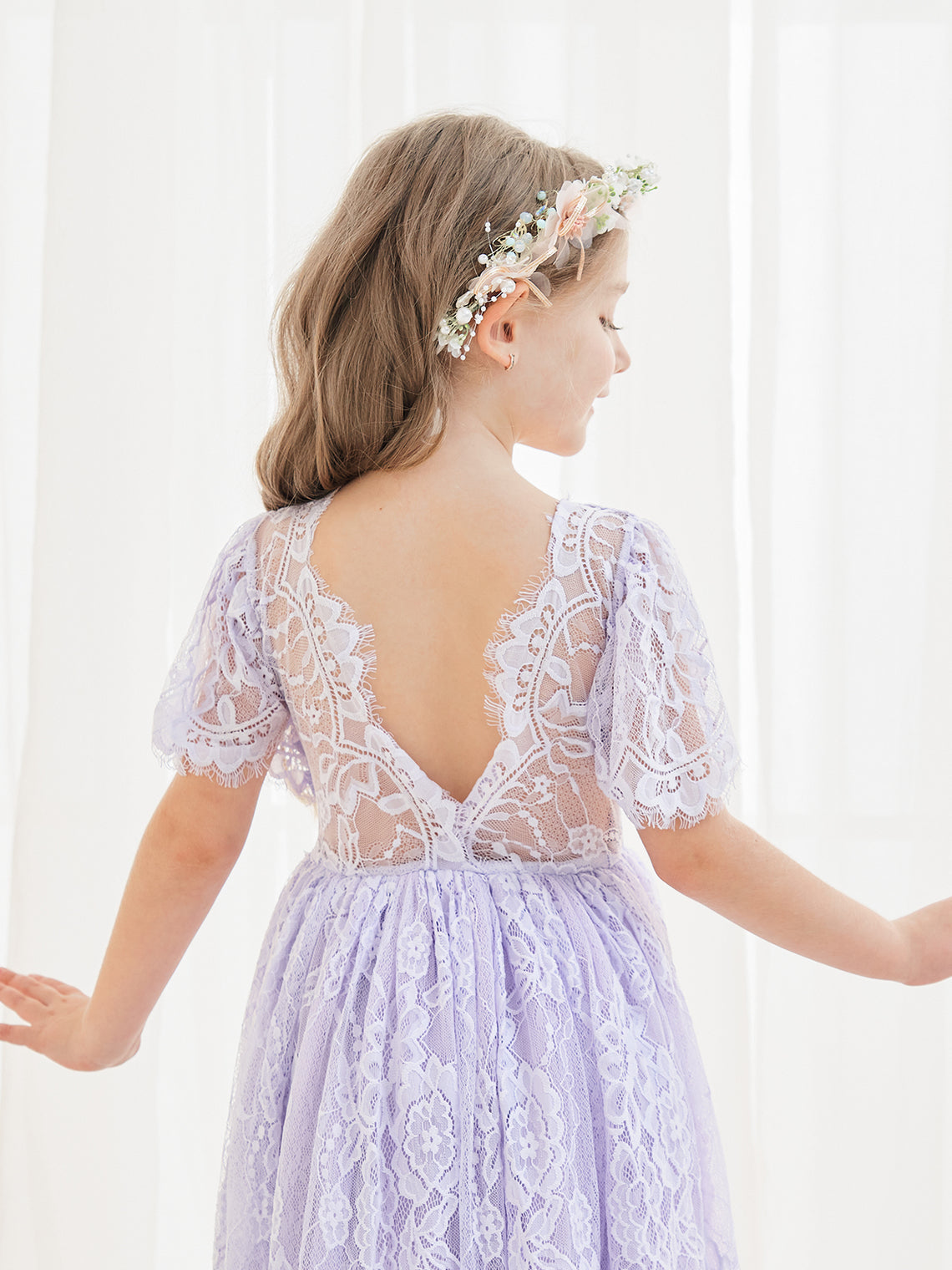 Ivory Boho Flower Girl Dress with A-line Lace Ankle-length Design