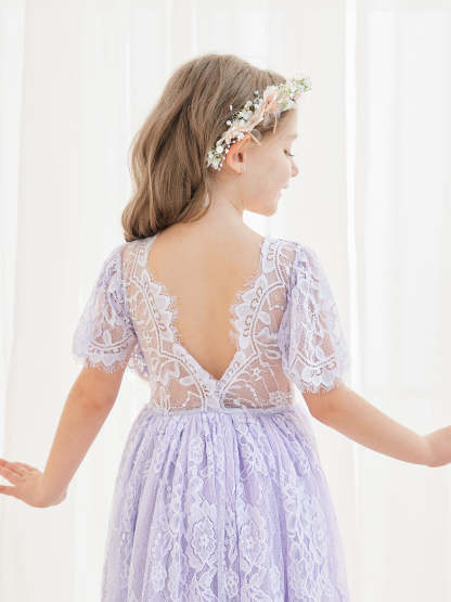 Ivory Boho Flower Girl Dress with A-line Lace Ankle-length Design