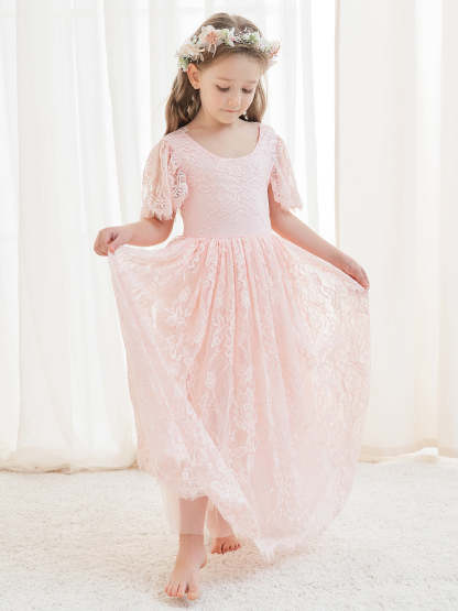 Ivory Boho Flower Girl Dress with A-line Lace Ankle-length Design