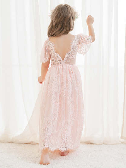 Ivory Boho Flower Girl Dress with A-line Lace Ankle-length Design