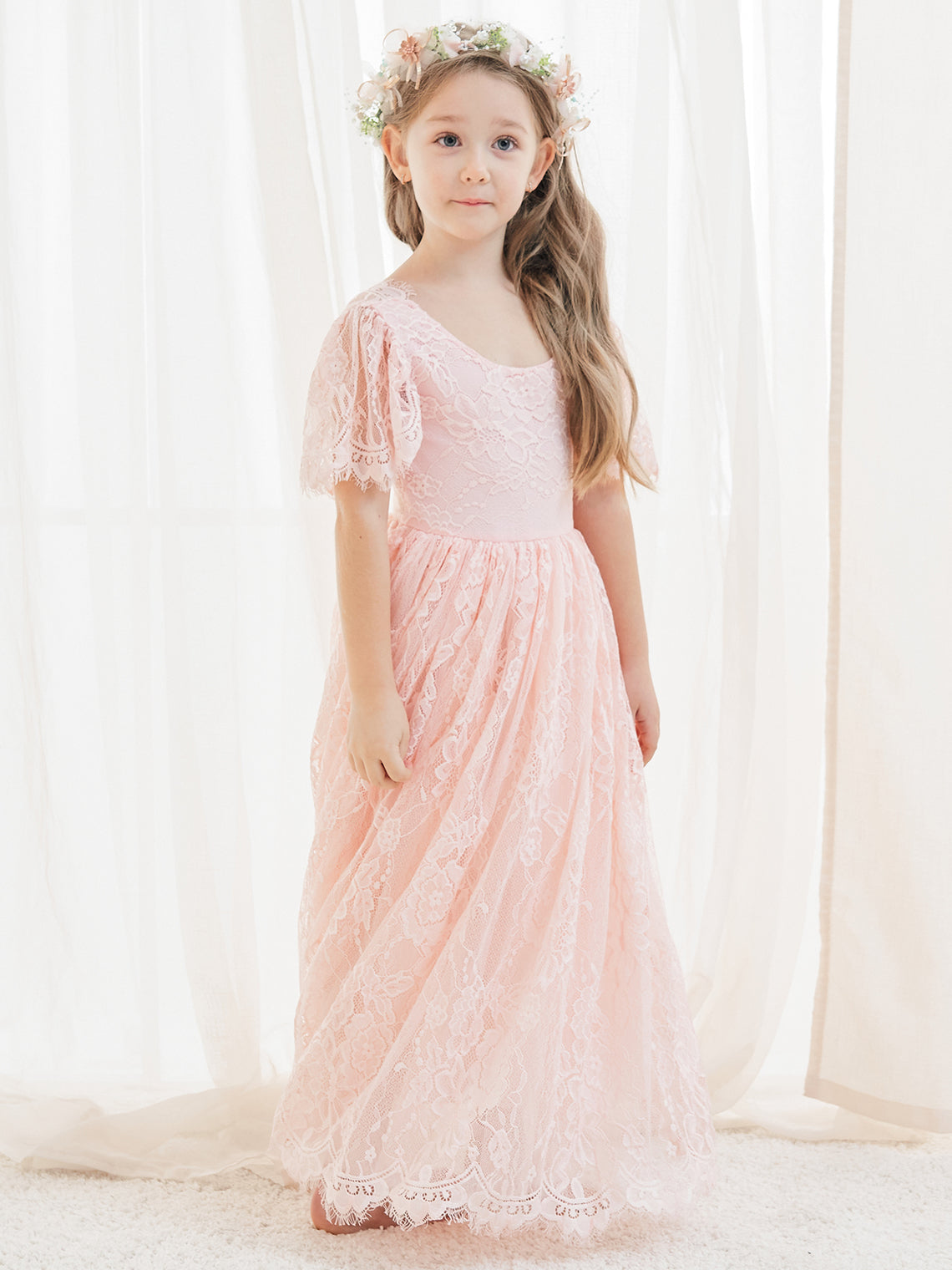 Ivory Boho Flower Girl Dress with A-line Lace Ankle-length Design