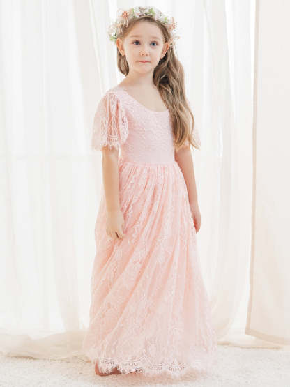 Ivory Boho Flower Girl Dress with A-line Lace Ankle-length Design