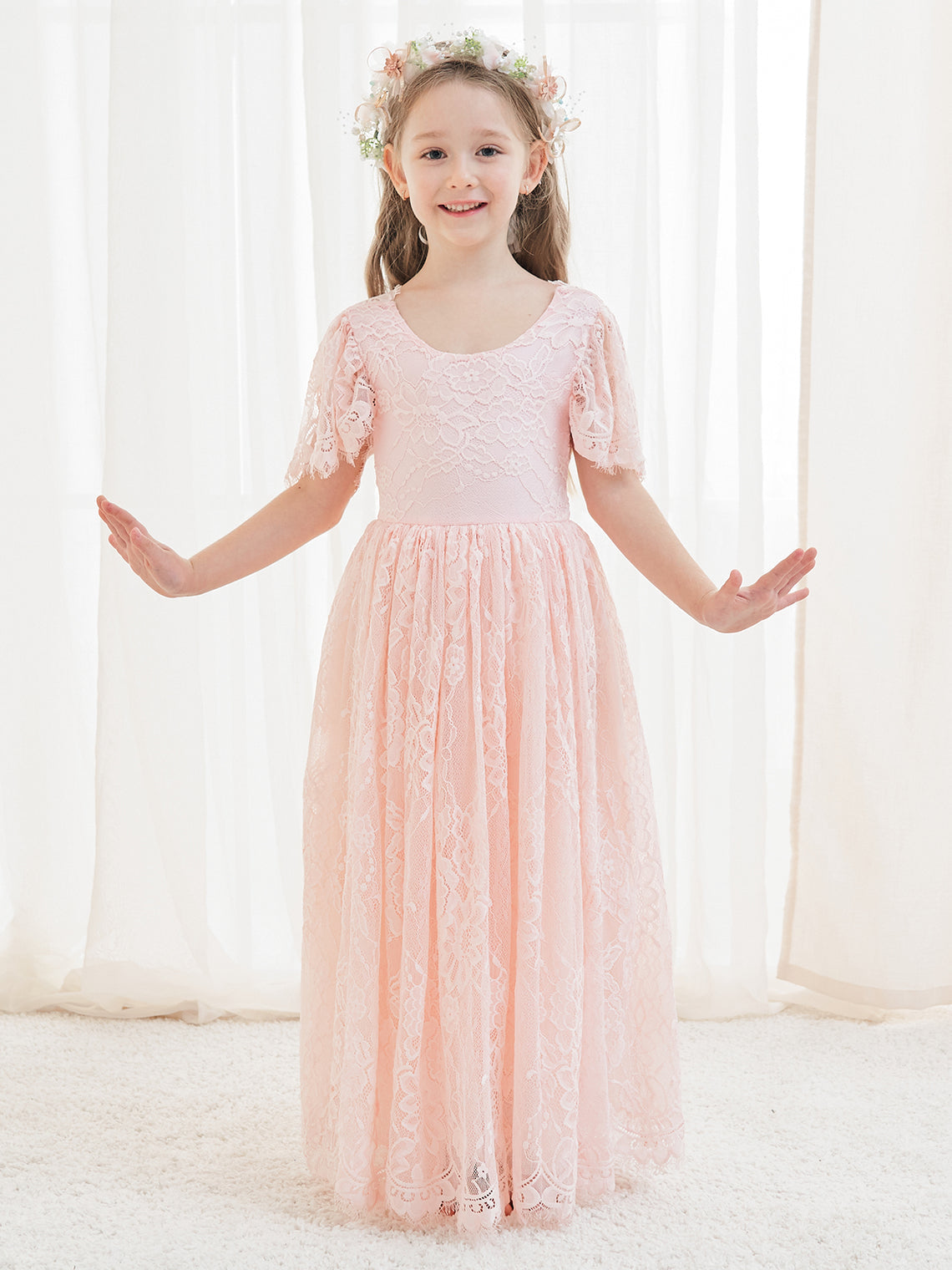 Ivory Boho Flower Girl Dress with A-line Lace Ankle-length Design