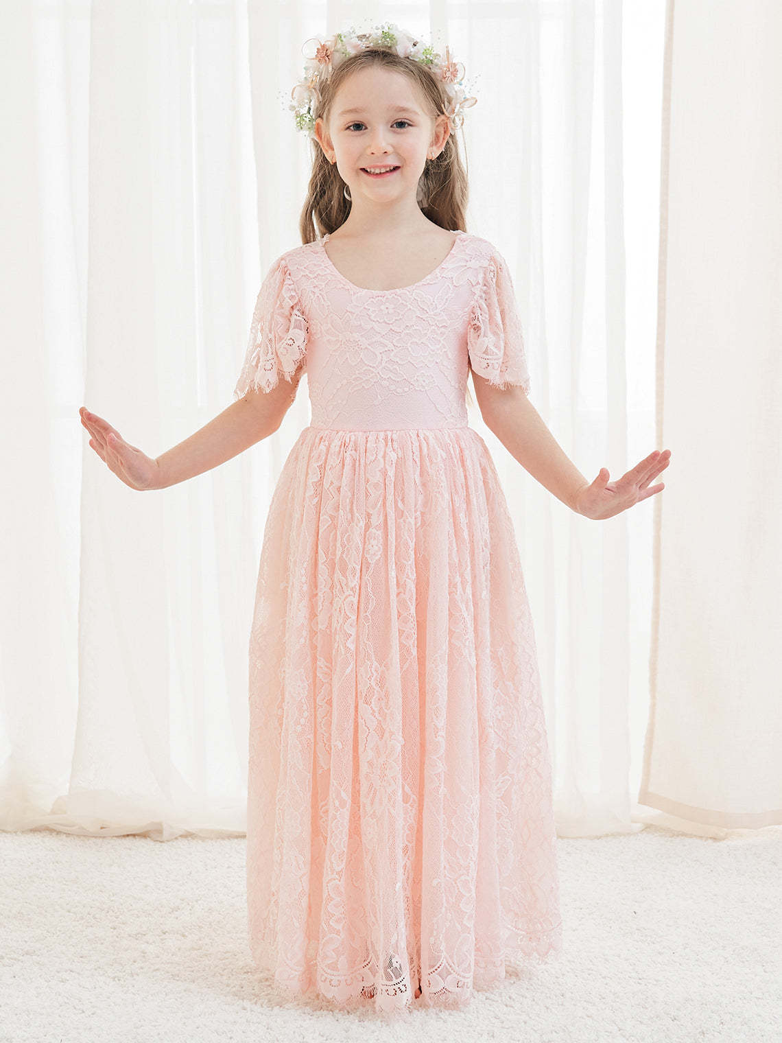Ivory Boho Flower Girl Dress with A-line Lace Ankle-length Design