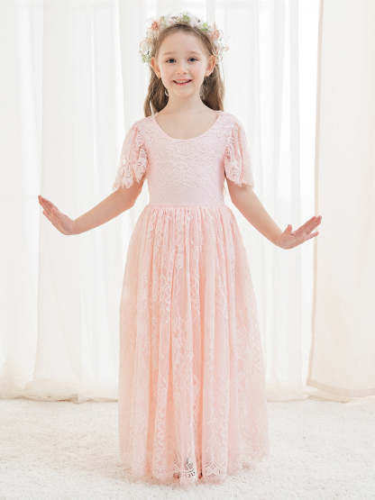 Ivory Boho Flower Girl Dress with A-line Lace Ankle-length Design