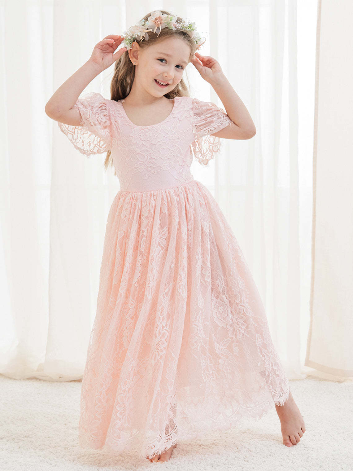 Ivory Boho Flower Girl Dress with A-line Lace Ankle-length Design