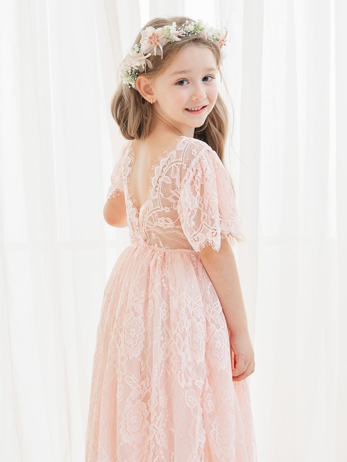 Ivory Boho Flower Girl Dress with A-line Lace Ankle-length Design