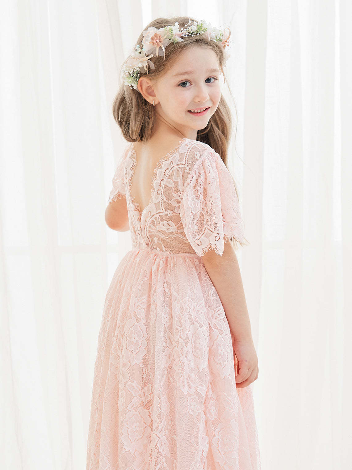 Ivory Boho Flower Girl Dress with A-line Lace Ankle-length Design