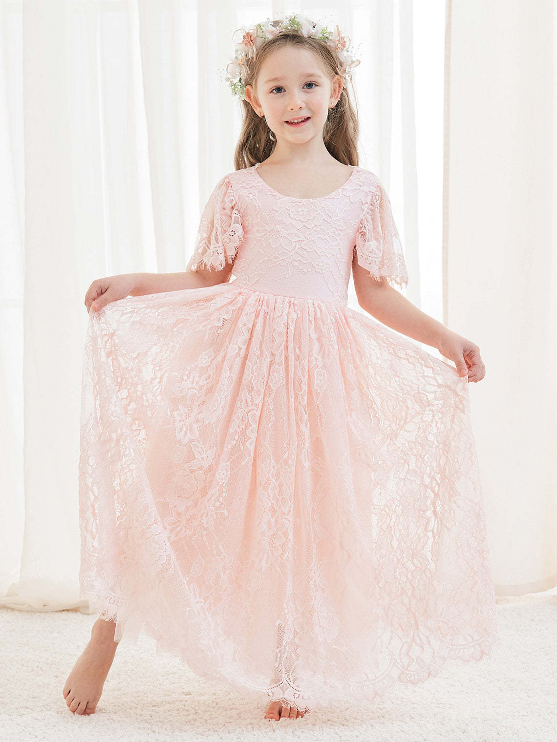 Ivory Boho Flower Girl Dress with A-line Lace Ankle-length Design