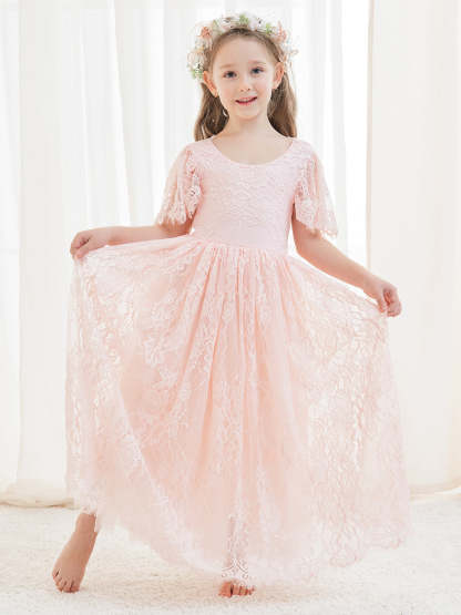 Ivory Boho Flower Girl Dress with A-line Lace Ankle-length Design