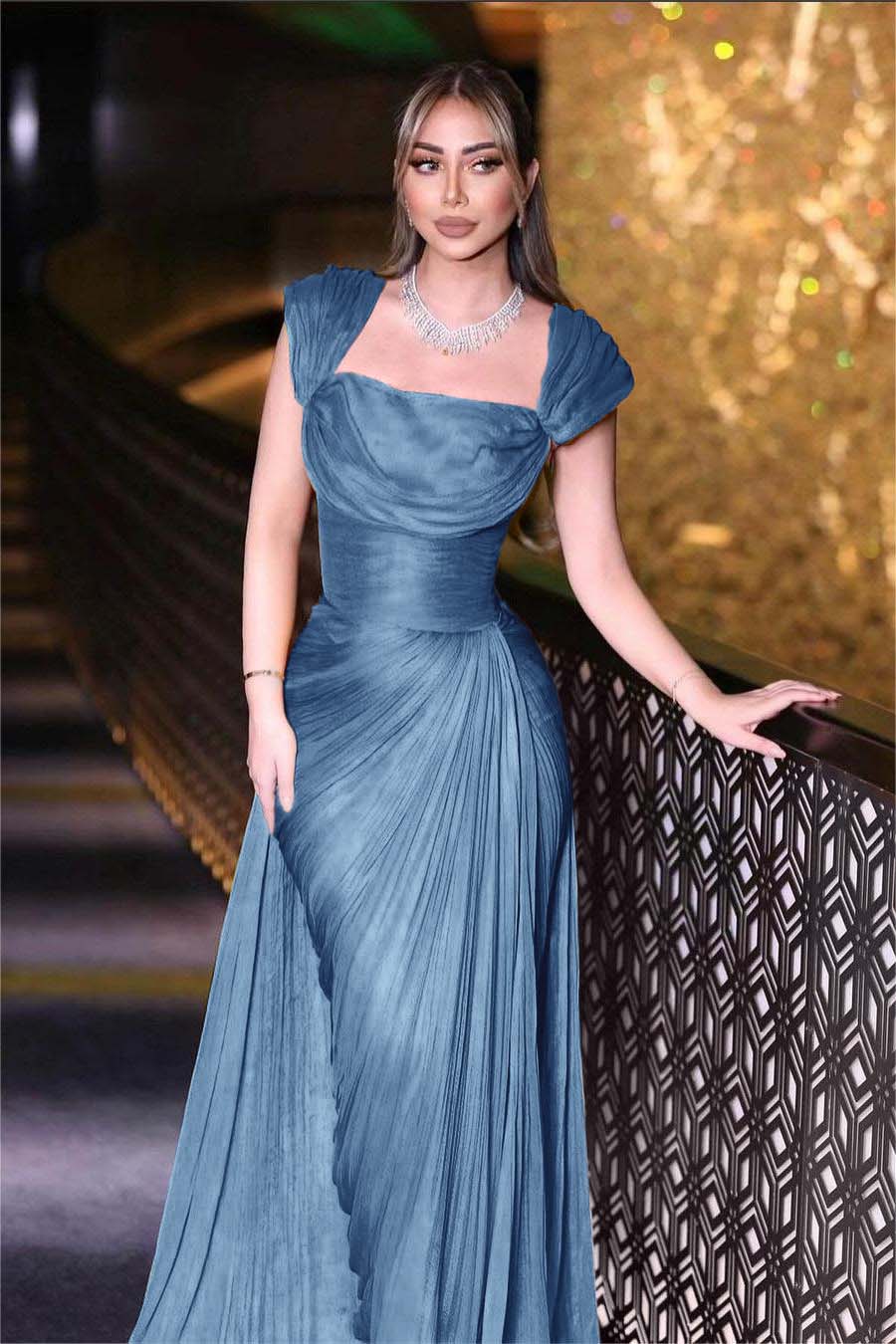 Daffodils Square Neck Sleeveless High Waist Long Pleated Prom Dress With Split