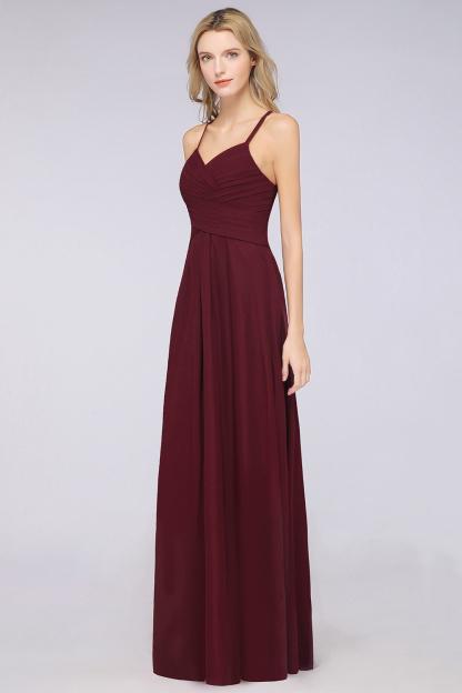 BMbridal Affordable Spaghetti Straps V-Neck Burgundy Chiffon Bridesmaid Dress with Keyhole Back-BMbridal