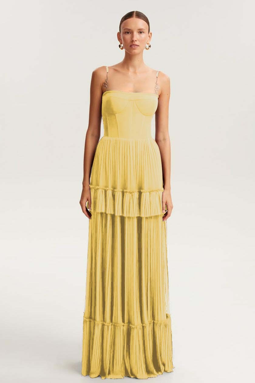 Spaghetti Strap Sleeveless Long Prom Dress With Ruffles