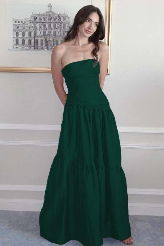 Strapless Sleeveless A Line Long Prom Dress With Pleated Pockets