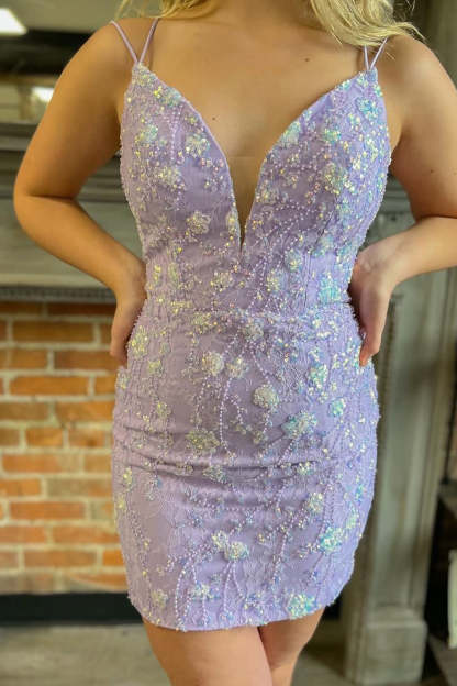 Sparkly Purple Beaded Lace-Up Back Tight Short Homecoming Dress