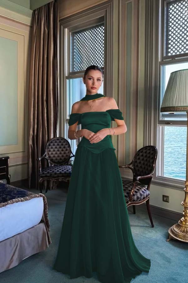 Stunning Off the Shoulder Sleeveless Long Prom Dress With Pleated